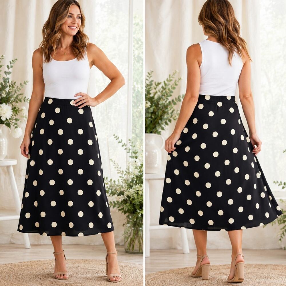 Fig & Blu Navy Blue White Polkadot A-Line Knit Pull On Midi Skirt XL